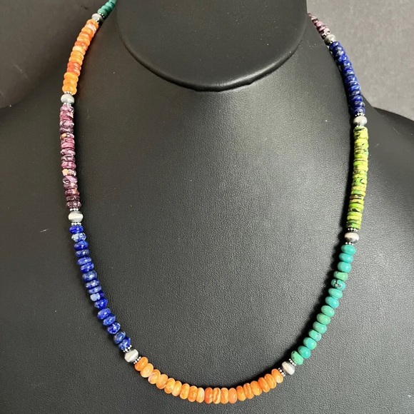 Sterling Silver Multi Stone W Pearls Bead Necklace. 22 Inch